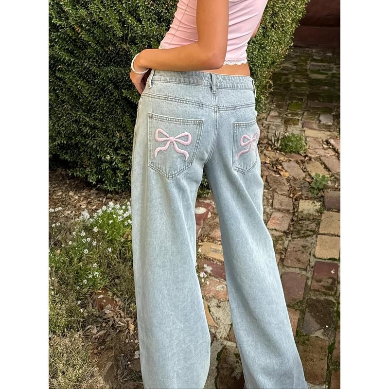 Medium Blue Embroidered Bow Washed Jeans Women, Loose Straight Leg Jeans With Multi Pockets, Casual Versatile Denim Pants For Women, Women's Clothing & Denim